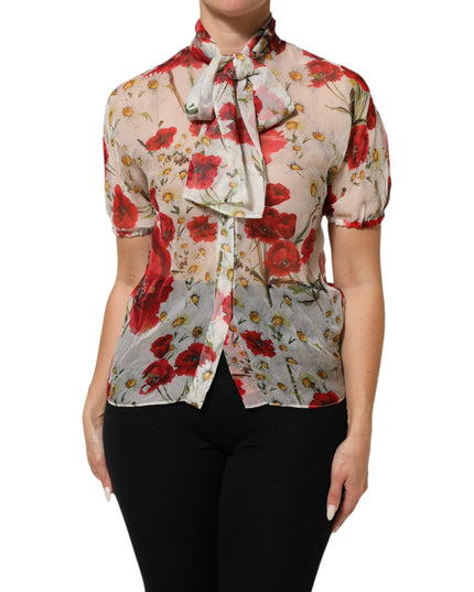 Dolce & Gabbana White Floral Tie-Neck Poppy Print Blouse Top