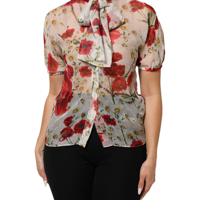 Dolce & Gabbana White Floral Tie-Neck Poppy Print Blouse Top