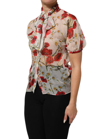 Dolce & Gabbana White Floral Tie-Neck Poppy Print Blouse Top
