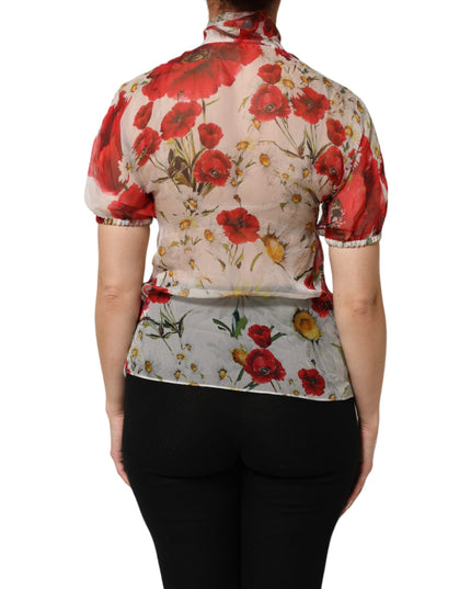 Dolce & Gabbana White Floral Tie-Neck Poppy Print Blouse Top