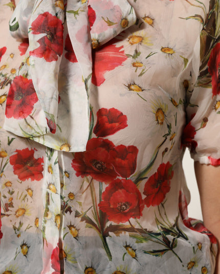 Dolce & Gabbana White Floral Tie-Neck Poppy Print Blouse Top