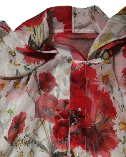 Dolce & Gabbana White Floral Tie-Neck Poppy Print Blouse Top