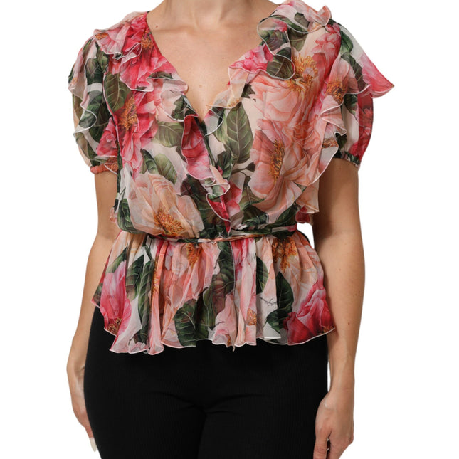 Dolce & Gabbana Pink Camellias Printed Silk V-neck Blouse Top