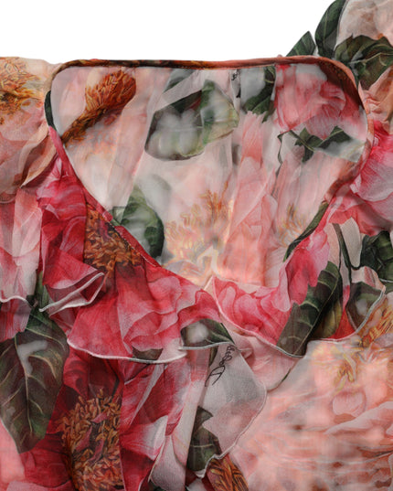 Dolce & Gabbana Pink Camellias Printed Silk V-neck Blouse Top