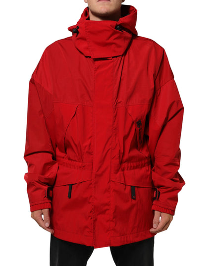 Dolce & Gabbana Red Nylon Hooded Men Full Zip Parka Jacket