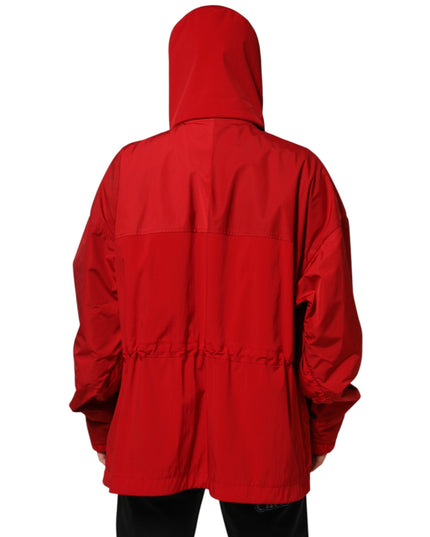 Dolce & Gabbana Red Nylon Hooded Men Full Zip Parka Jacket