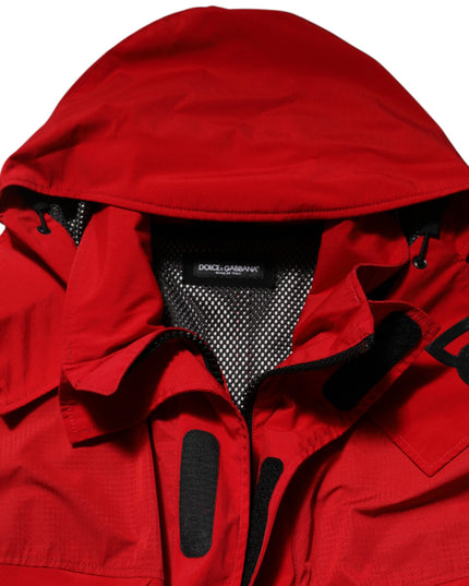 Dolce & Gabbana Red Nylon Hooded Men Full Zip Parka Jacket