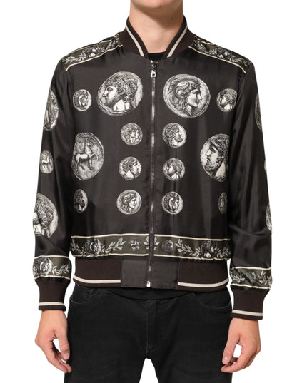 Dolce & Gabbana Black "Monete" Coin Print Silk Bomber Jacket