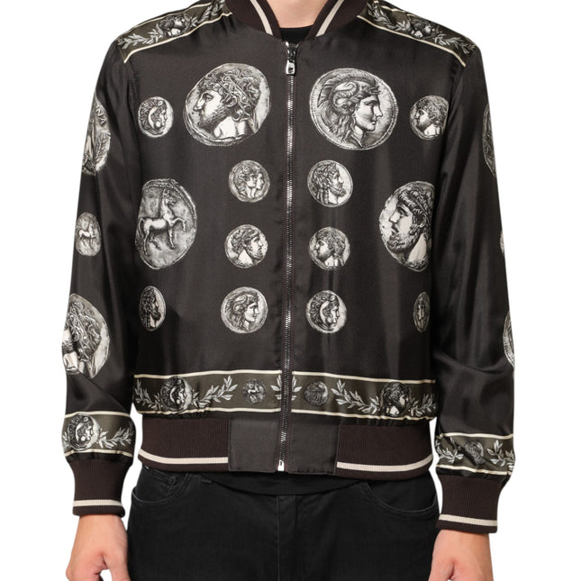 Dolce & Gabbana Black "Monete" Coin Print Silk Bomber Jacket