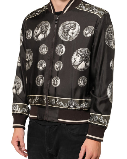 Dolce & Gabbana Black "Monete" Coin Print Silk Bomber Jacket