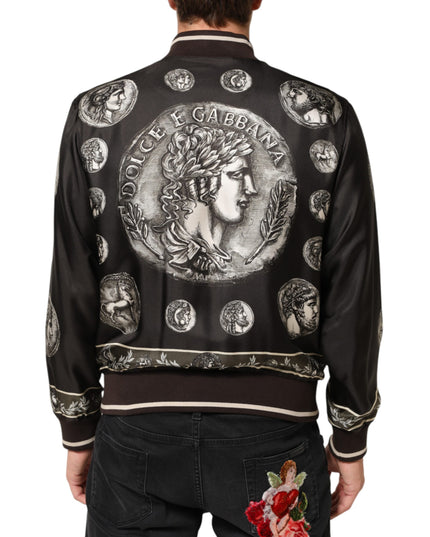 Dolce & Gabbana Black "Monete" Coin Print Silk Bomber Jacket