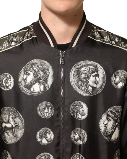 Dolce & Gabbana Black "Monete" Coin Print Silk Bomber Jacket