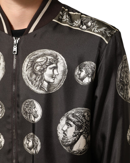 Dolce & Gabbana Black "Monete" Coin Print Silk Bomber Jacket