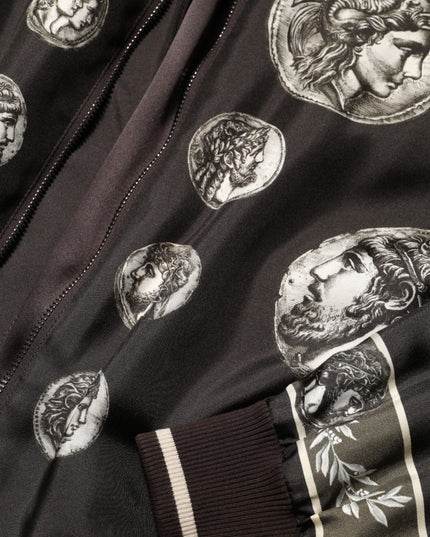 Dolce & Gabbana Black "Monete" Coin Print Silk Bomber Jacket