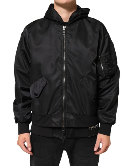 Dolce & Gabbana Black Nylon Hooded Full Zip Bomber Men Jacket