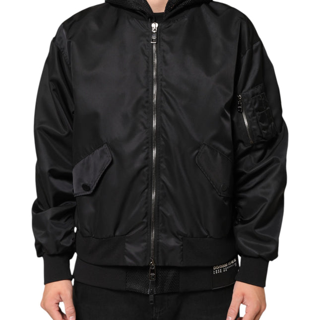 Dolce & Gabbana Black Nylon Hooded Full Zip Bomber Men Jacket