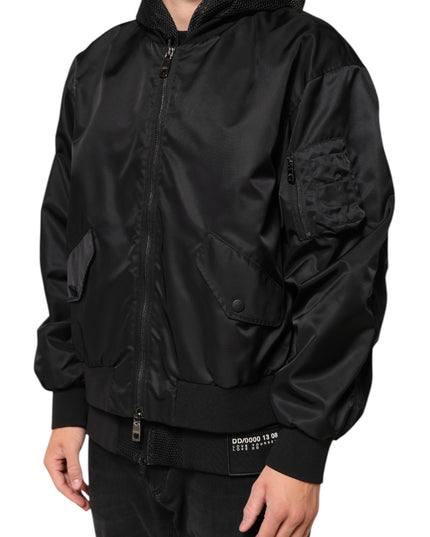 Dolce & Gabbana Black Nylon Hooded Full Zip Bomber Men Jacket