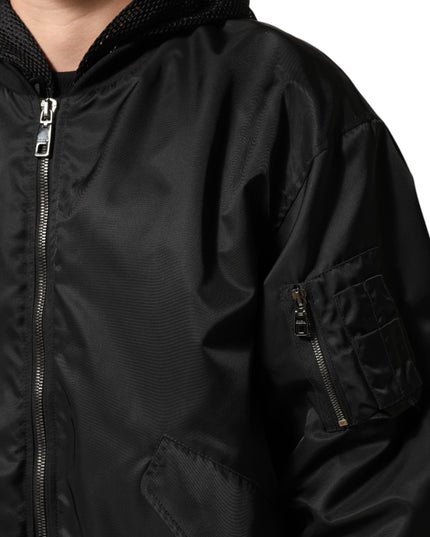Dolce & Gabbana Black Nylon Hooded Full Zip Bomber Men Jacket