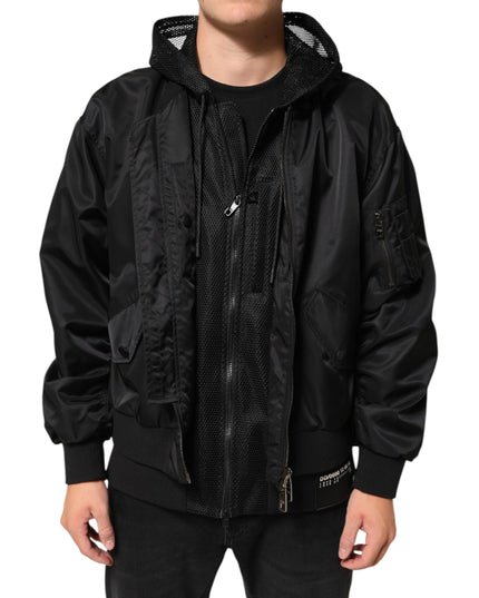 Dolce & Gabbana Black Nylon Hooded Full Zip Bomber Men Jacket