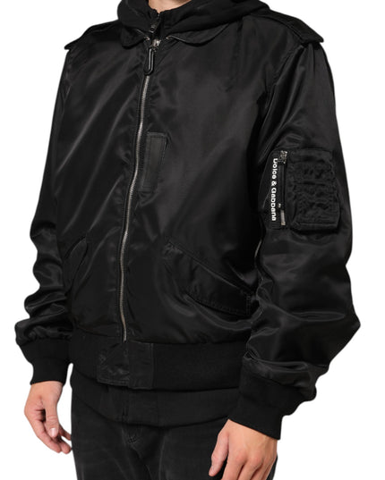 Dolce & Gabbana Black Cotton Hooded Full Zip Bomber Jacket