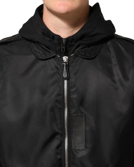 Dolce & Gabbana Black Cotton Hooded Full Zip Bomber Jacket