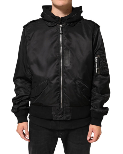 Dolce & Gabbana Black Cotton Hooded Full Zip Bomber Jacket