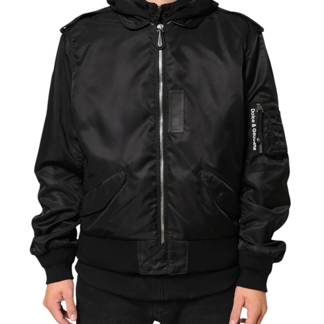 Dolce & Gabbana Black Cotton Hooded Full Zip Bomber Jacket