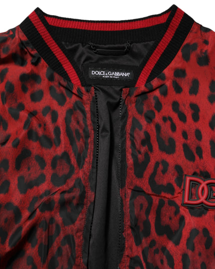 Dolce & Gabbana Red Leopard Print Full Zip Bomber Men Jacket