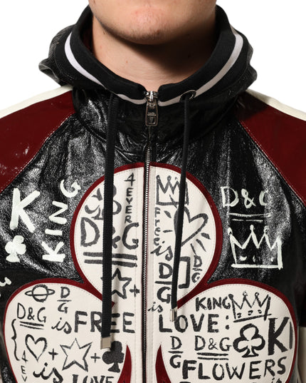 Dolce & Gabbana Multicolor Hooded Leather DG King Men Biker Jacket