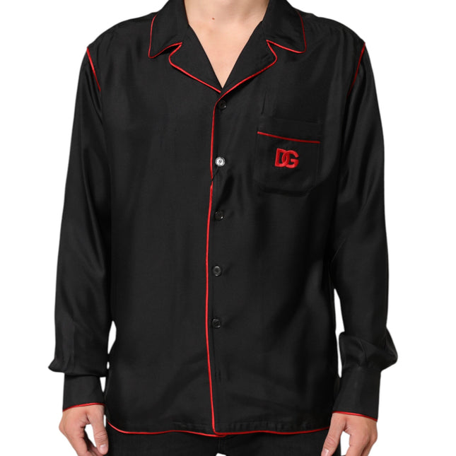 Dolce & Gabbana Black Red Contrast Trim Silk Casual Shirt