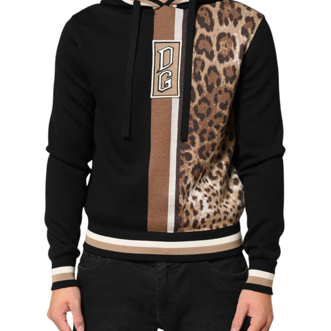Dolce & Gabbana Black Leopard Logo Hooded Sweatshirt Sweater