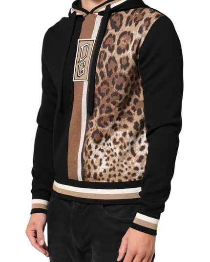Dolce & Gabbana Black Leopard Logo Hooded Sweatshirt Sweater
