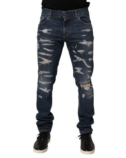 Dolce & Gabbana Blue Tattered Cotton Skinny Men Denim Jeans