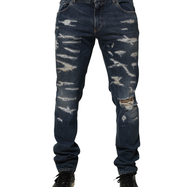 Dolce & Gabbana Blue Tattered Cotton Skinny Men Denim Jeans