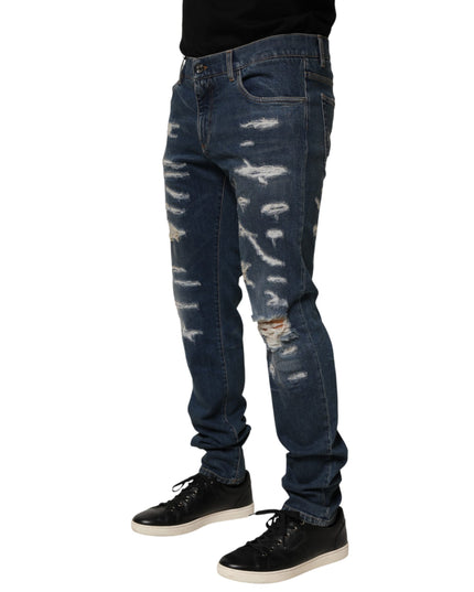 Dolce & Gabbana Blue Tattered Cotton Skinny Men Denim Jeans