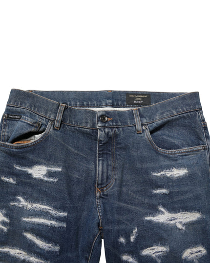 Dolce & Gabbana Blue Tattered Cotton Skinny Men Denim Jeans