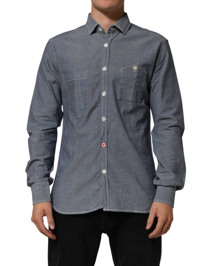 AGLINI Blue Denim Regular Fit Collared Long Sleeve Casual Shirt