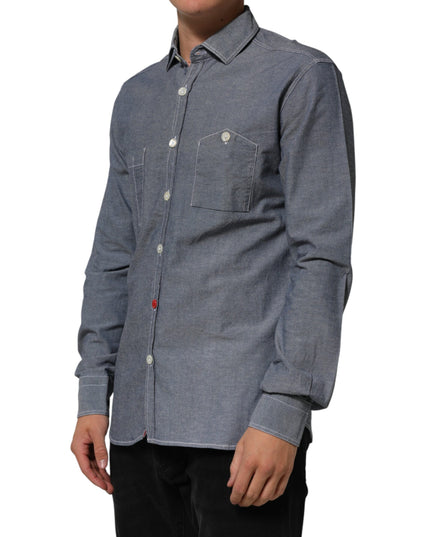 AGLINI Blue Denim Regular Fit Collared Long Sleeve Casual Shirt