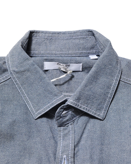 AGLINI Blue Denim Regular Fit Collared Long Sleeve Casual Shirt