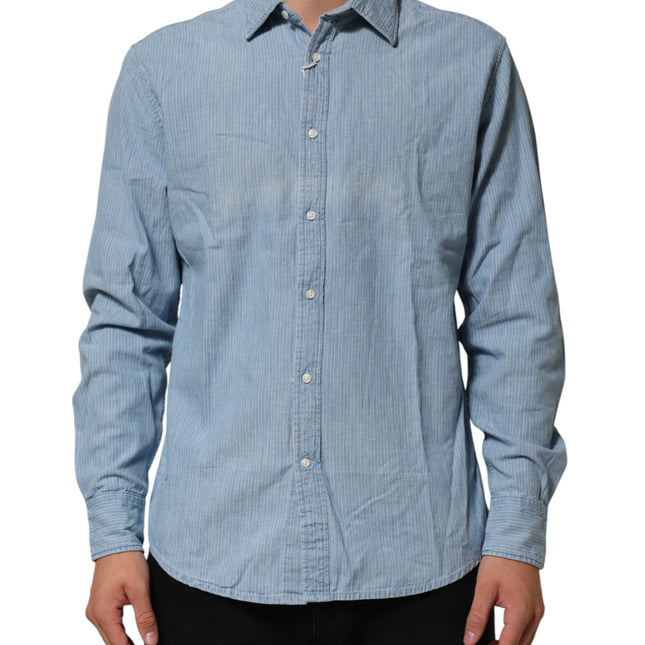 Deperlu Blue Denim Regular Fit Collared Long Sleeve Men Shirt