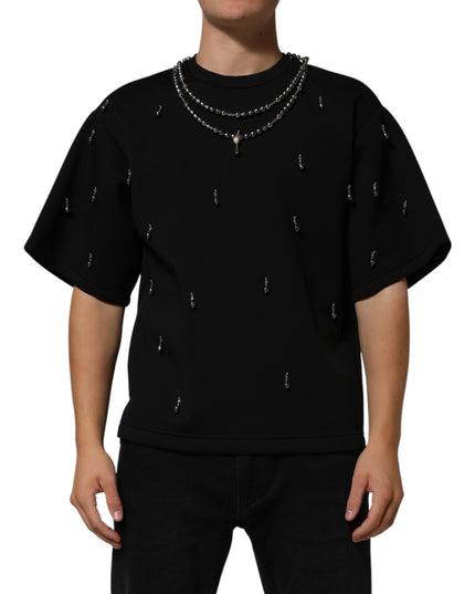 Dolce & Gabbana Black Polyester Necklace Embellished T-shirt