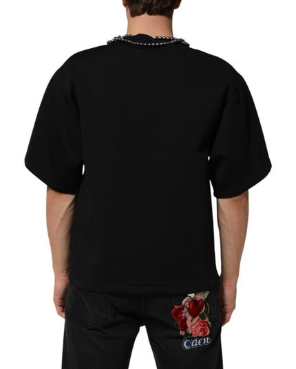 Dolce & Gabbana Black Polyester Necklace Embellished T-shirt