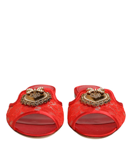 Dolce & Gabbana Red Devotion Lace Flats Slip On Sandals Shoes