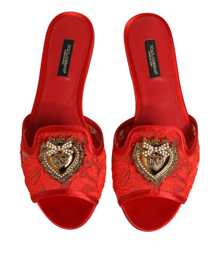 Dolce & Gabbana Red Devotion Lace Flats Slip On Sandals Shoes