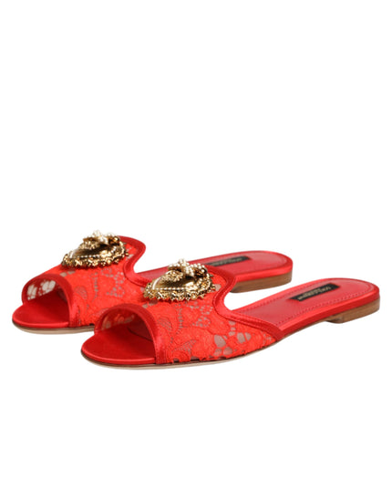 Dolce & Gabbana Red Devotion Lace Flats Slip On Sandals Shoes