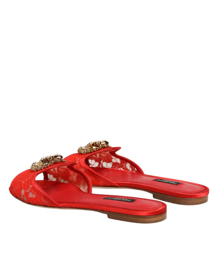 Dolce & Gabbana Red Devotion Lace Flats Slip On Sandals Shoes