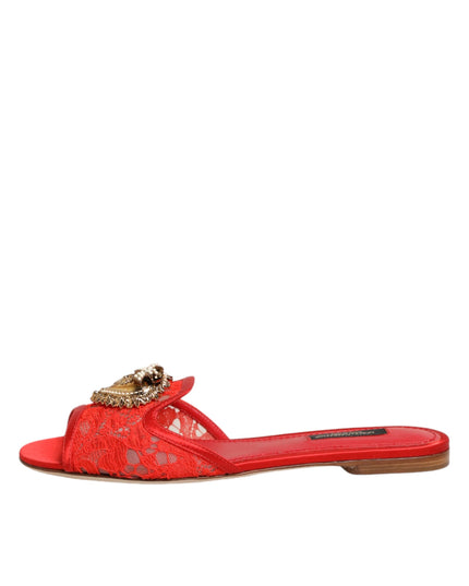 Dolce & Gabbana Red Devotion Lace Flats Slip On Sandals Shoes