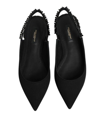Dolce & Gabbana Black Crystal Charmeuse Slingback Shoes