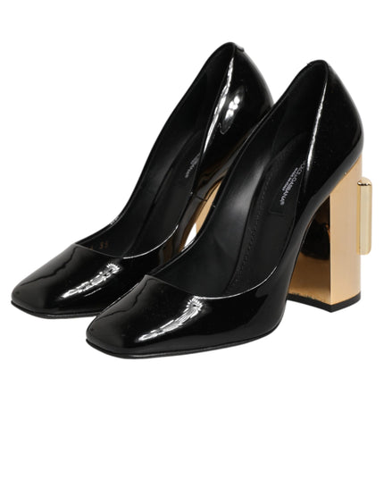 Dolce & Gabbana Black Gold Patent Leather Logo Heels Pumps Shoes