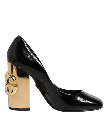 Dolce & Gabbana Black Gold Patent Leather Logo Heels Pumps Shoes
